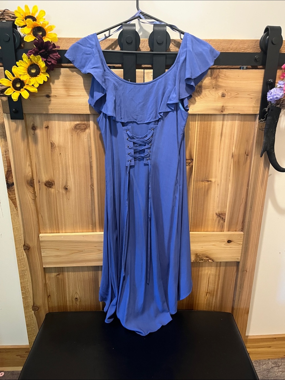 LA made Periwinkle Off-Shoulder High-Low Ruffle Dress - Picture 8 of 11